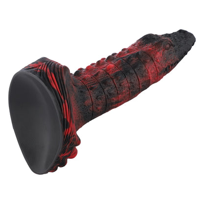 Wildolo Fantasy Crocodilly Zwarte Siliconen Zuignap Dildo 23 cm - Schubachtige Textuur en Knobbels.
