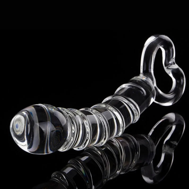Luxe glazen dildo met handvat, 21 cm lengte, spiraalstructuur en bolvormige kop - intens genot.