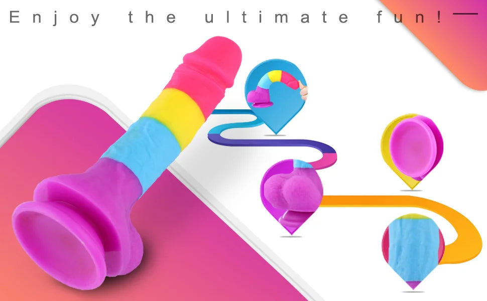 Fantasy Rainbow Sugar Dildo 22 cm - Colorful, Realistic & Powerful Silicone Toy